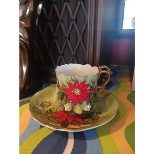 Lefton Christmas Poinsettia Teacup and Saucer Vintage